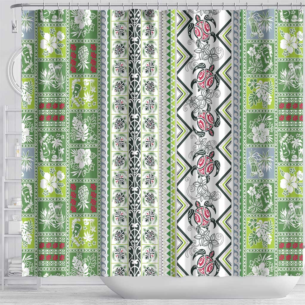 Hawaii Makahiki Turtle Shower Curtain Green Tapa Pattern - Polynesian Pride