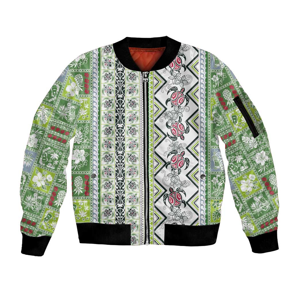 Hawaii Makahiki Turtle Sleeve Zip Bomber Jacket Green Tapa Pattern LT05 Unisex Green - Polynesian Pride