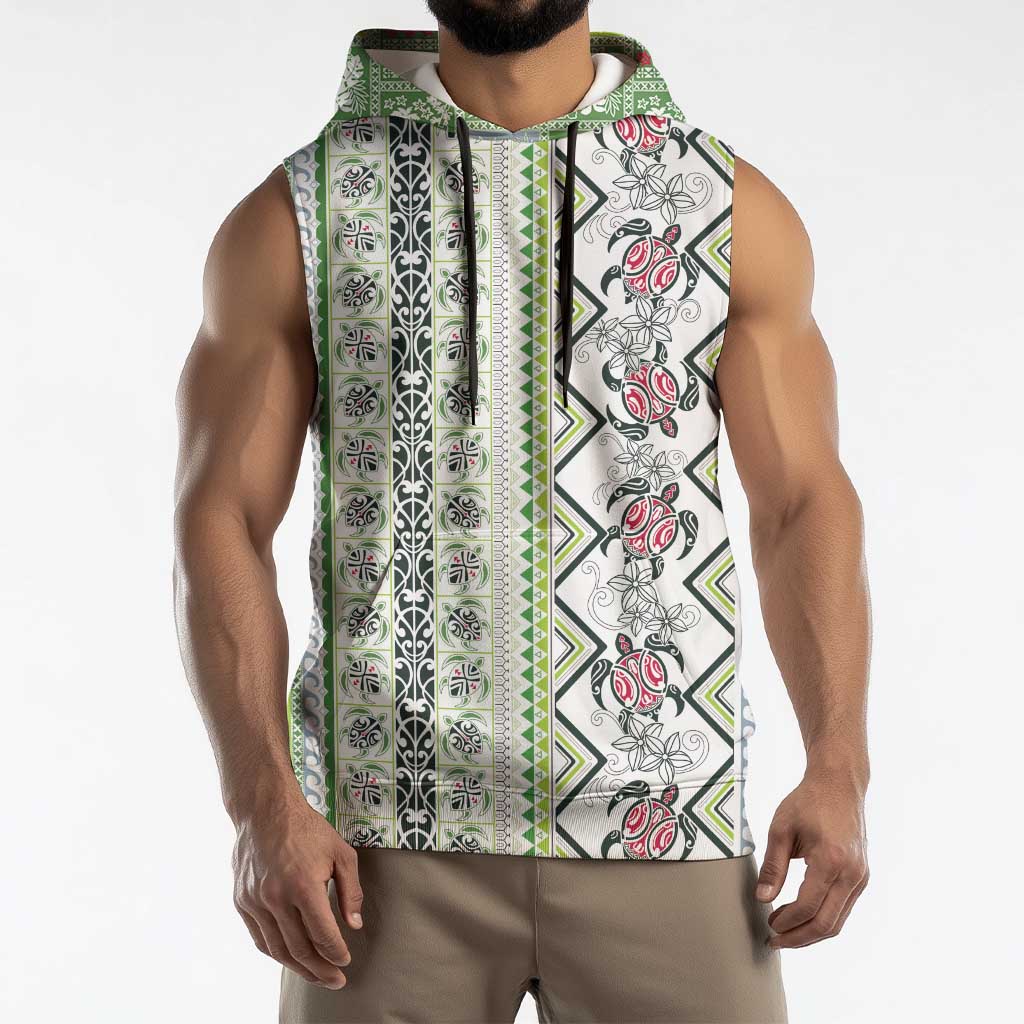 Hawaii Makahiki Turtle Sleeveless Hoodie Green Tapa Pattern - Polynesian Pride