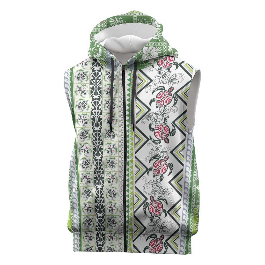 Hawaii Makahiki Turtle Sleeveless Zip Hoodie Green Tapa Pattern LT05 Green - Polynesian Pride