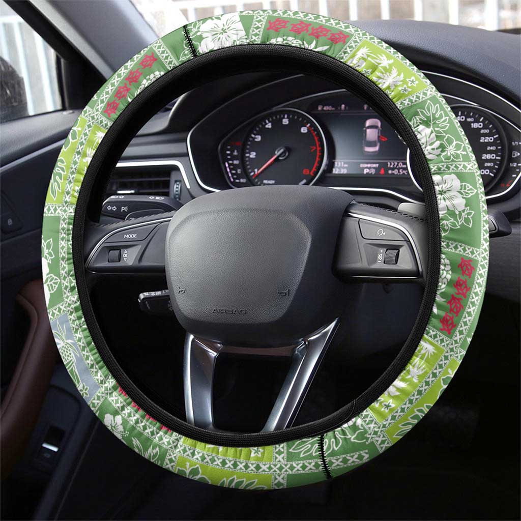 Hawaii Makahiki Turtle Steering Wheel Cover Green Tapa Pattern - Polynesian Pride