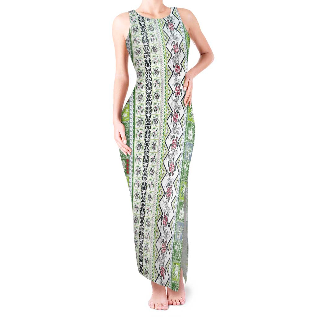Hawaii Makahiki Turtle Tank Maxi Dress Green Tapa Pattern LT05 Women Green - Polynesian Pride