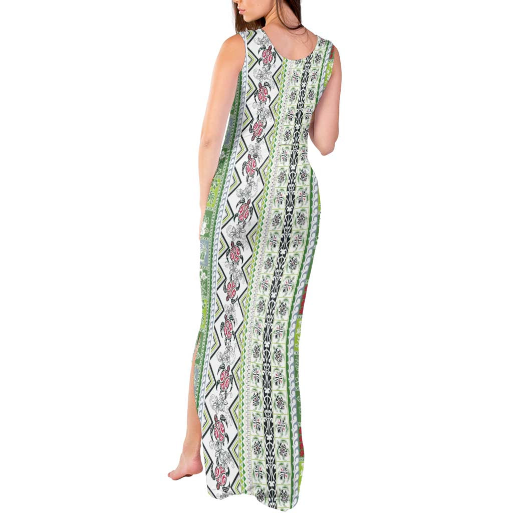 Hawaii Makahiki Turtle Tank Maxi Dress Green Tapa Pattern LT05 - Polynesian Pride