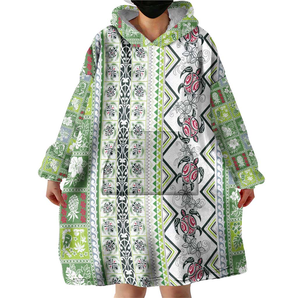 Hawaii Makahiki Turtle Wearable Blanket Hoodie Green Tapa Pattern LT05 - Polynesian Pride