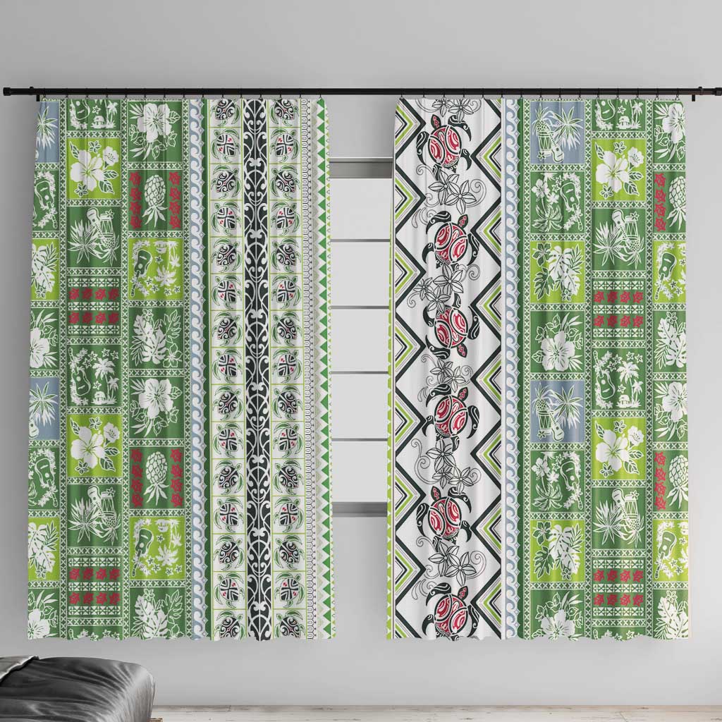 Hawaii Makahiki Turtle Window Curtain Green Tapa Pattern - Polynesian Pride