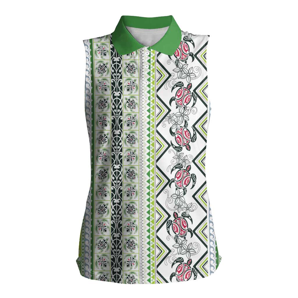Hawaii Makahiki Turtle Women Sleeveless Polo Shirt Green Tapa Pattern LT05 Female Green - Polynesian Pride