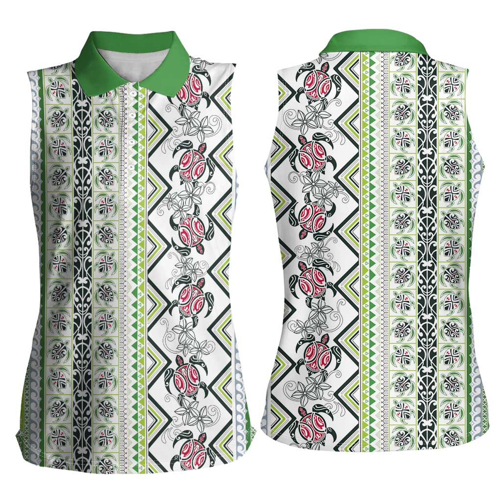 Hawaii Makahiki Turtle Women Sleeveless Polo Shirt Green Tapa Pattern LT05 - Polynesian Pride