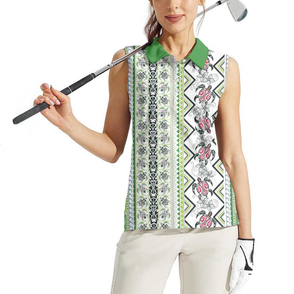 Hawaii Makahiki Turtle Women Sleeveless Polo Shirt Green Tapa Pattern LT05 - Polynesian Pride