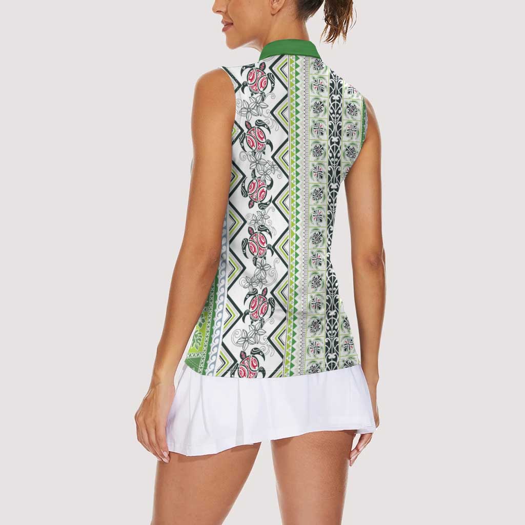 Hawaii Makahiki Turtle Women Sleeveless Polo Shirt Green Tapa Pattern LT05 - Polynesian Pride