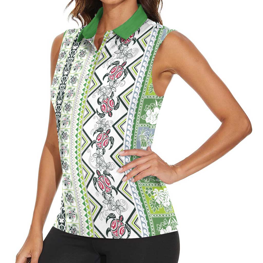 Hawaii Makahiki Turtle Women Sleeveless Polo Shirt Green Tapa Pattern LT05 - Polynesian Pride