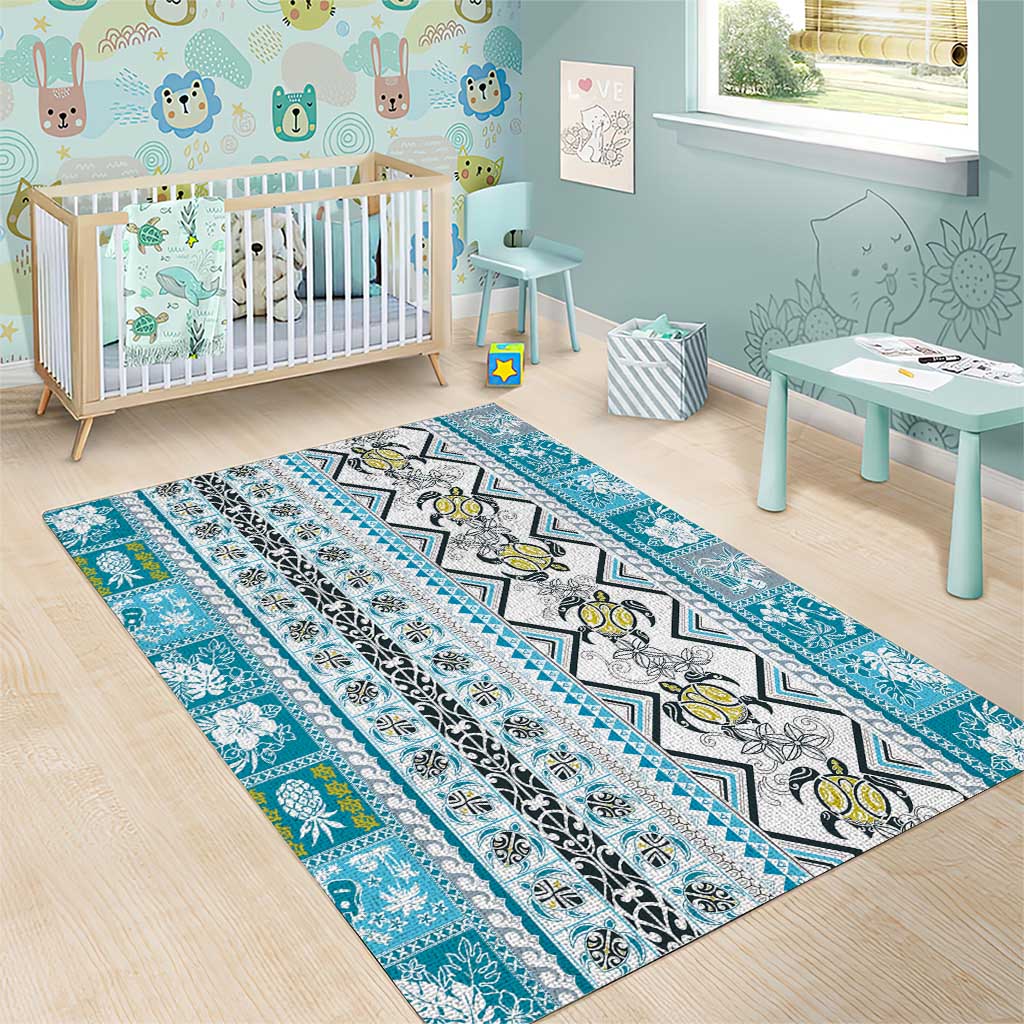 Hawaii Makahiki Turtle Area Rug Blue Tapa Pattern - Polynesian Pride