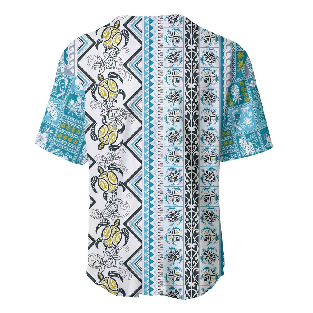 Hawaii Makahiki Turtle Baseball Jersey Blue Tapa Pattern LT05 - Polynesian Pride