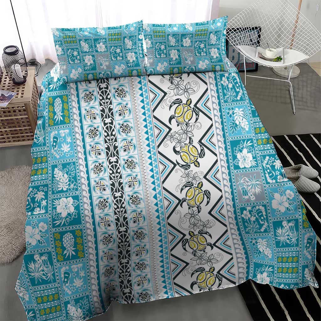 Hawaii Makahiki Turtle Bedding Set Blue Tapa Pattern - Polynesian Pride