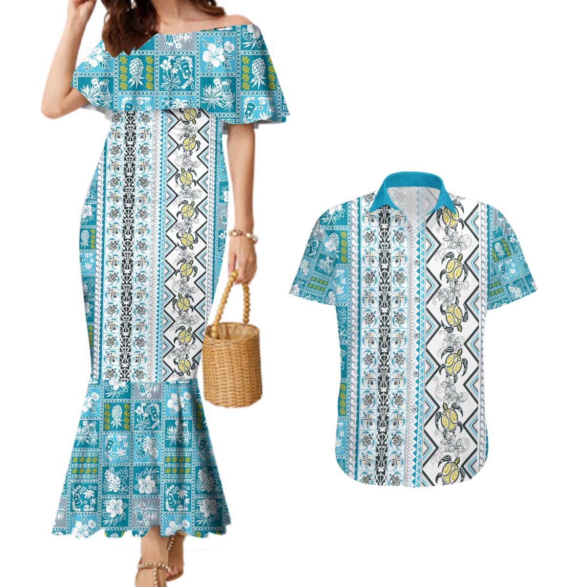 Hawaii Makahiki Turtle Couples Matching Mermaid Dress and Hawaiian Shirt Blue Tapa Pattern - Polynesian Pride