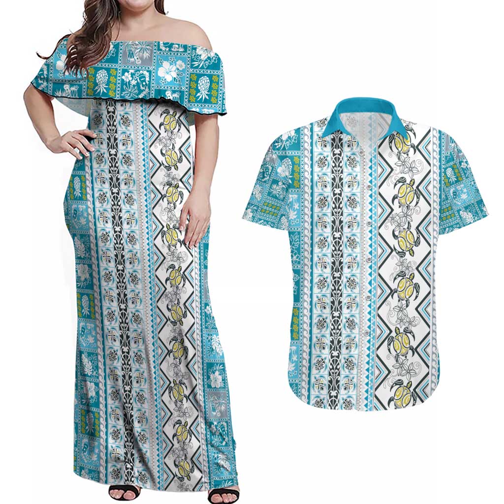 Hawaii Makahiki Turtle Couples Matching Off Shoulder Maxi Dress and Hawaiian Shirt Blue Tapa Pattern - Polynesian Pride