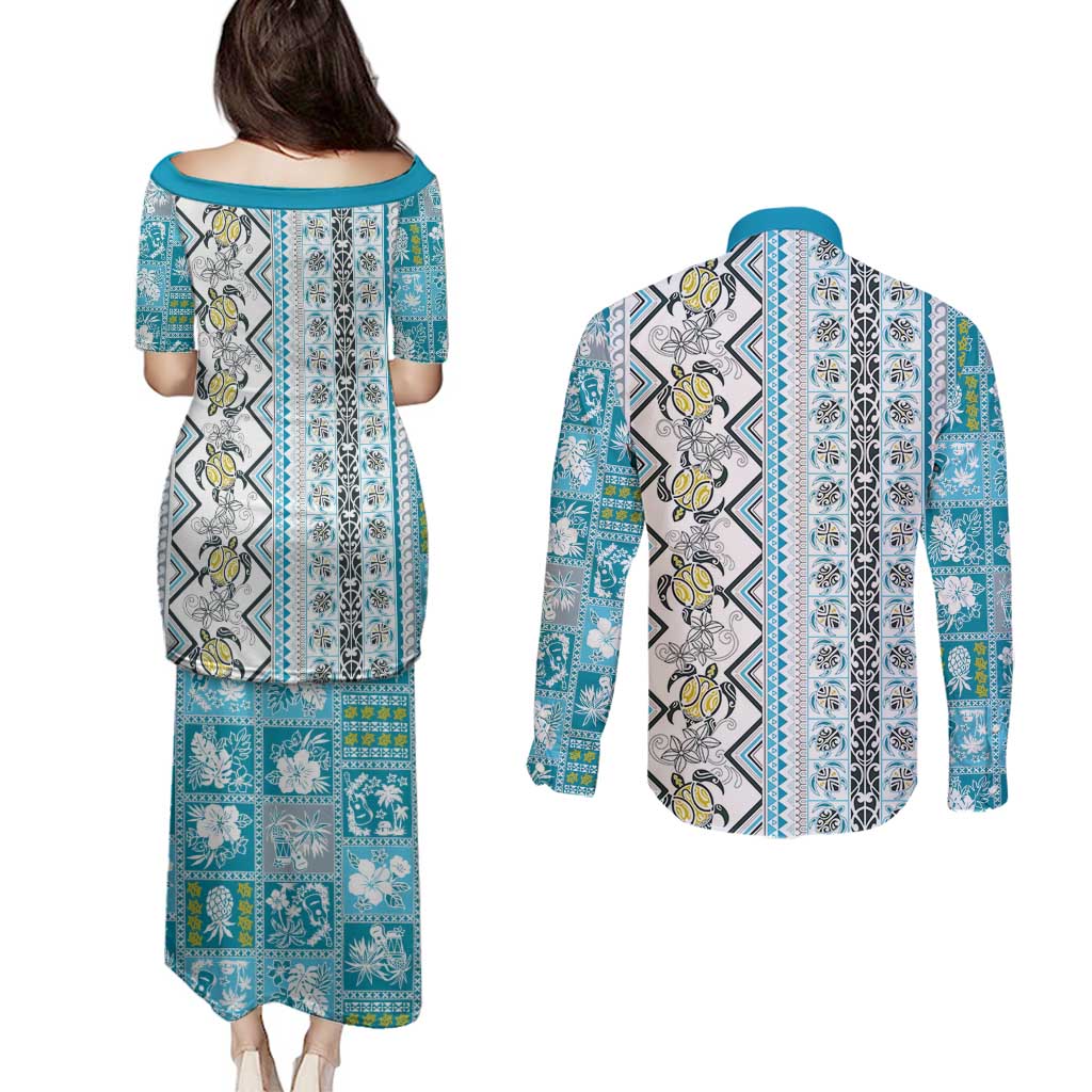 Hawaii Makahiki Turtle Couples Matching Puletasi and Long Sleeve Button Shirt Blue Tapa Pattern - Polynesian Pride