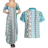 Hawaii Makahiki Turtle Couples Matching Summer Maxi Dress and Hawaiian Shirt Blue Tapa Pattern - Polynesian Pride