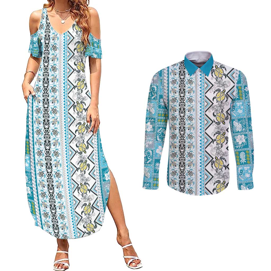 Hawaii Makahiki Turtle Couples Matching Summer Maxi Dress and Long Sleeve Button Shirt Blue Tapa Pattern - Polynesian Pride