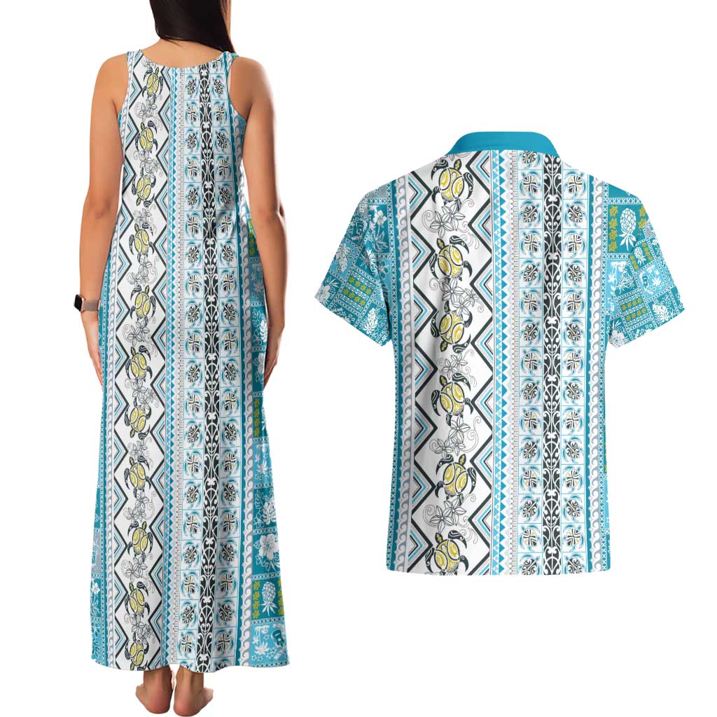 Hawaii Makahiki Turtle Couples Matching Tank Maxi Dress and Hawaiian Shirt Blue Tapa Pattern LT05 - Polynesian Pride