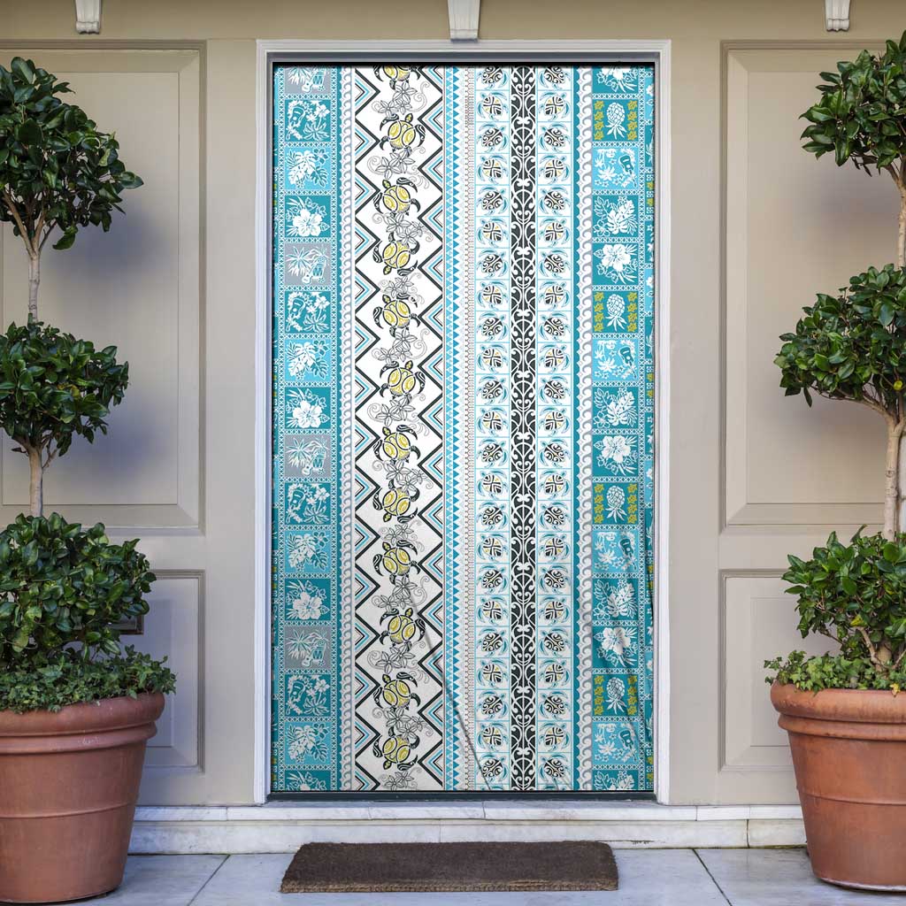 Hawaii Makahiki Turtle Door Cover Blue Tapa Pattern - Polynesian Pride