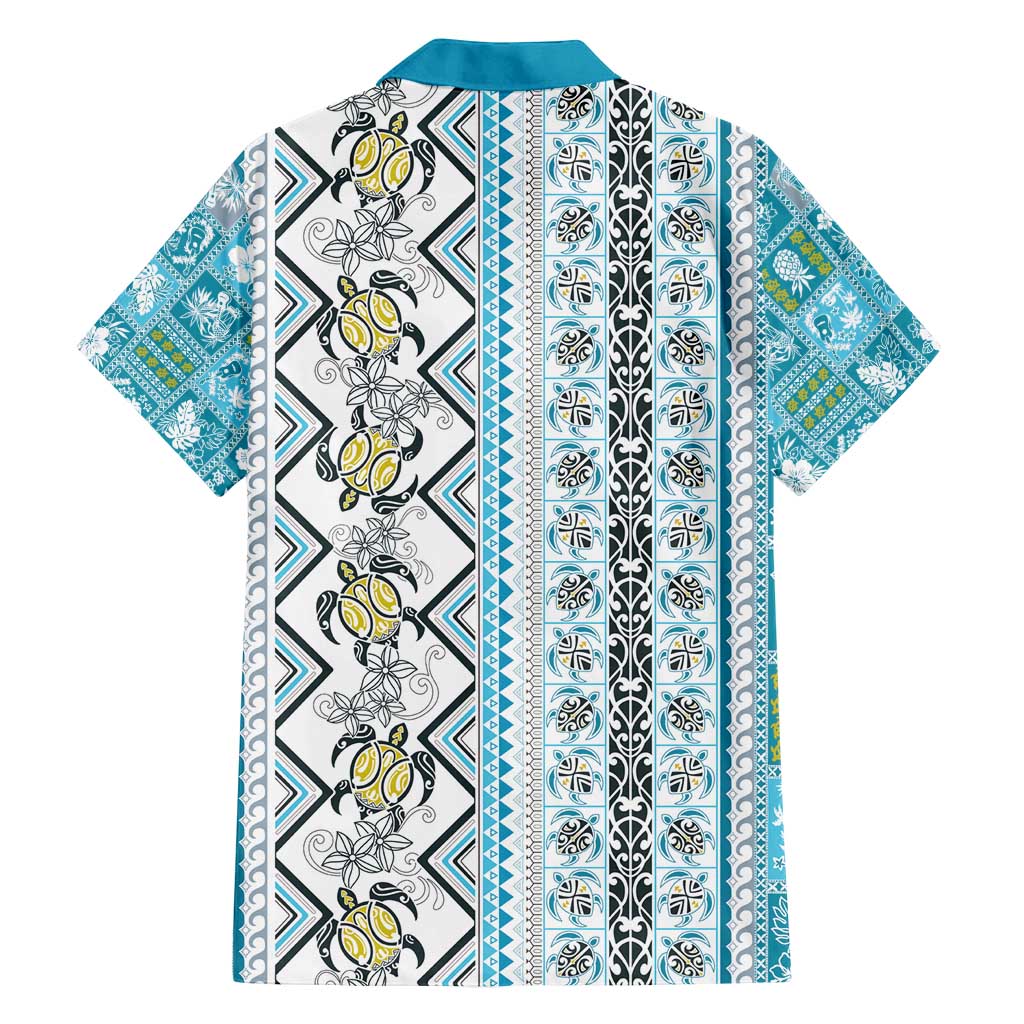 Hawaii Makahiki Turtle Family Matching Long Sleeve Bodycon Dress and Hawaiian Shirt Blue Tapa Pattern - Polynesian Pride