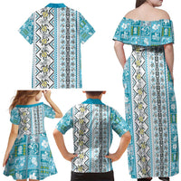 Hawaii Makahiki Turtle Family Matching Off Shoulder Maxi Dress and Hawaiian Shirt Blue Tapa Pattern - Polynesian Pride