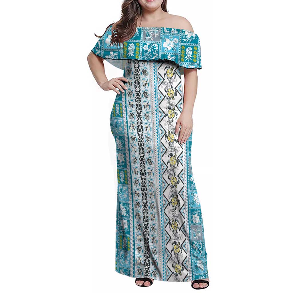 Hawaii Makahiki Turtle Family Matching Off Shoulder Maxi Dress and Hawaiian Shirt Blue Tapa Pattern - Polynesian Pride