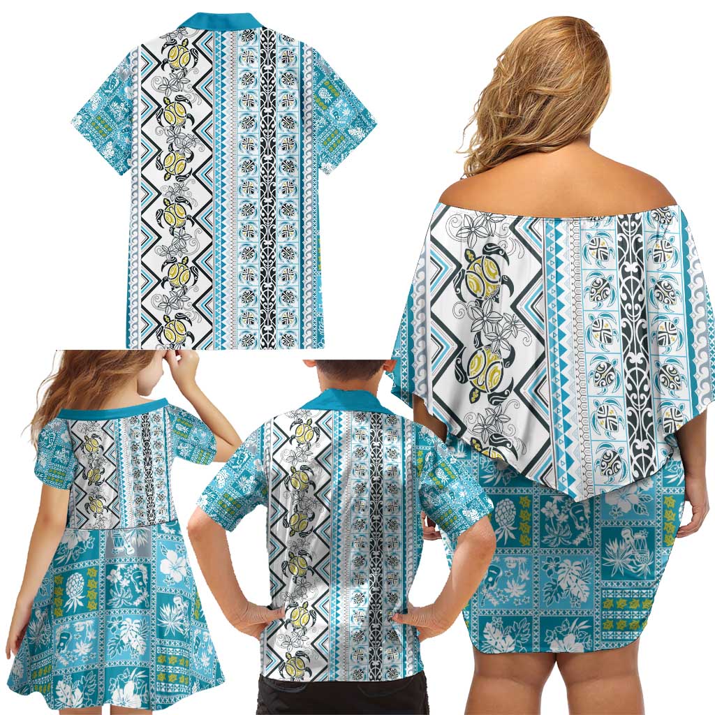 Hawaii Makahiki Turtle Family Matching Off Shoulder Short Dress and Hawaiian Shirt Blue Tapa Pattern - Polynesian Pride