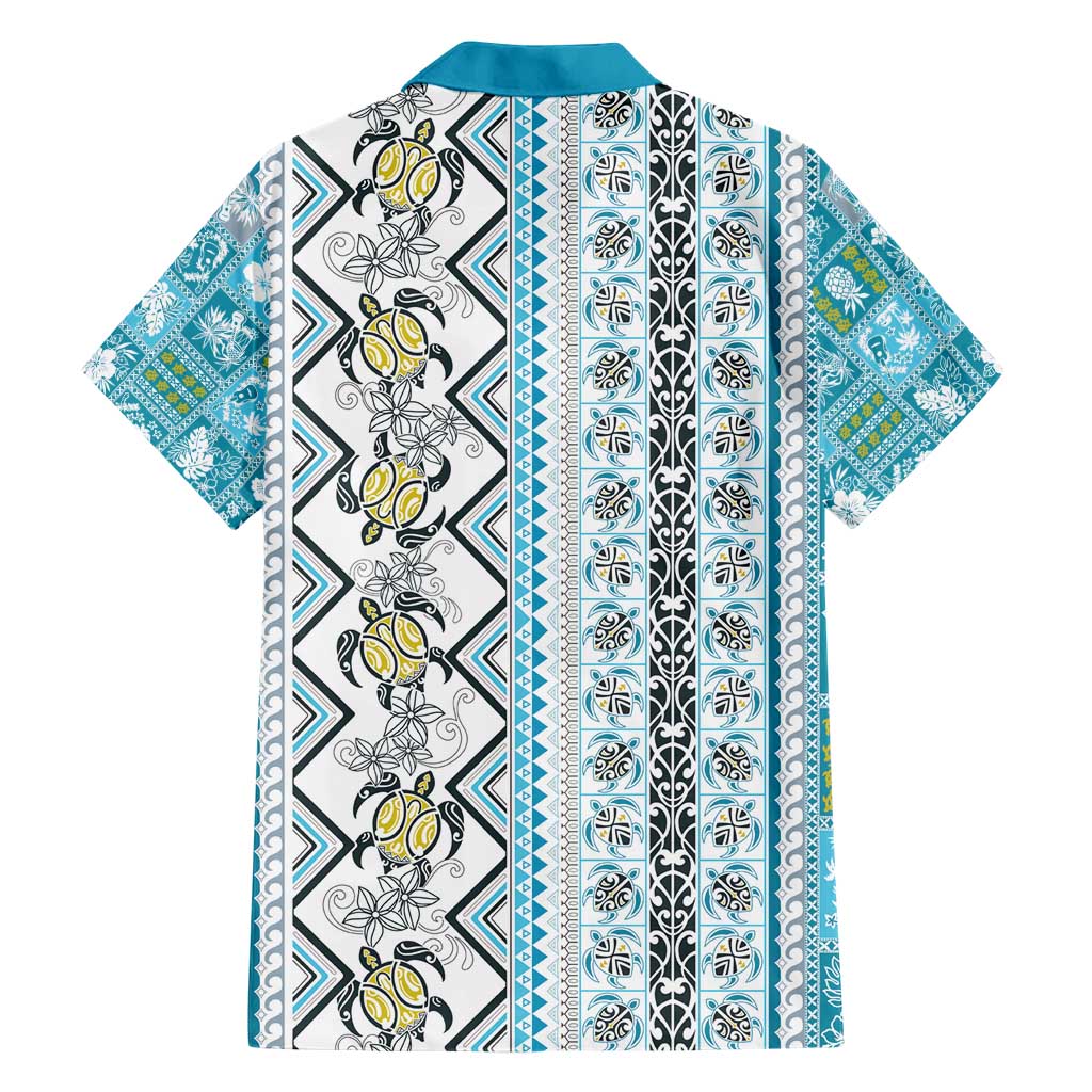 Hawaii Makahiki Turtle Family Matching Short Sleeve Bodycon Dress and Hawaiian Shirt Blue Tapa Pattern - Polynesian Pride