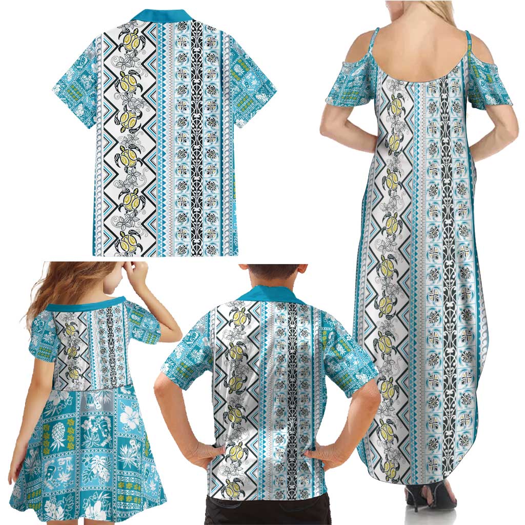 Hawaii Makahiki Turtle Family Matching Summer Maxi Dress and Hawaiian Shirt Blue Tapa Pattern - Polynesian Pride