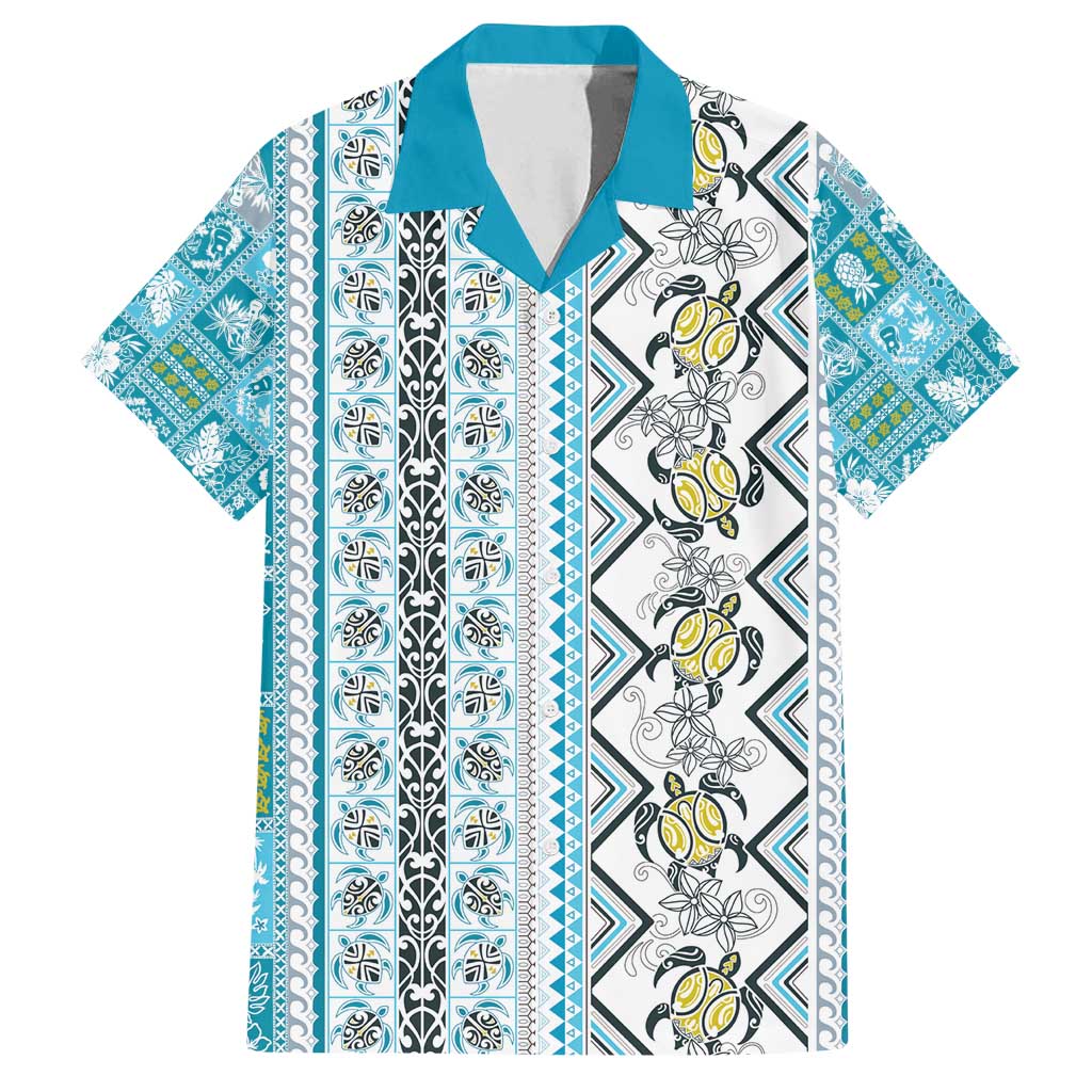 Hawaii Makahiki Turtle Family Matching Tank Maxi Dress and Hawaiian Shirt Blue Tapa Pattern - Polynesian Pride