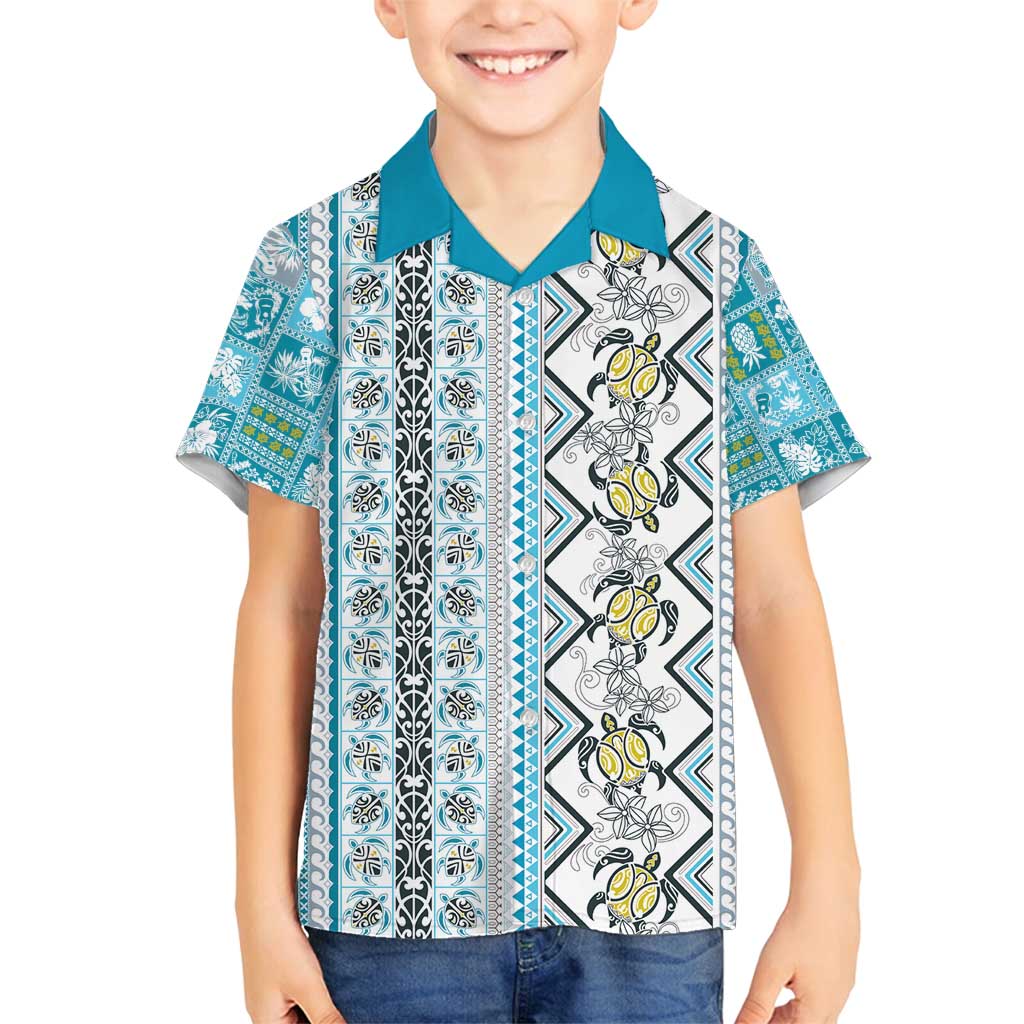 Hawaii Makahiki Turtle Family Matching Tank Maxi Dress and Hawaiian Shirt Blue Tapa Pattern - Polynesian Pride