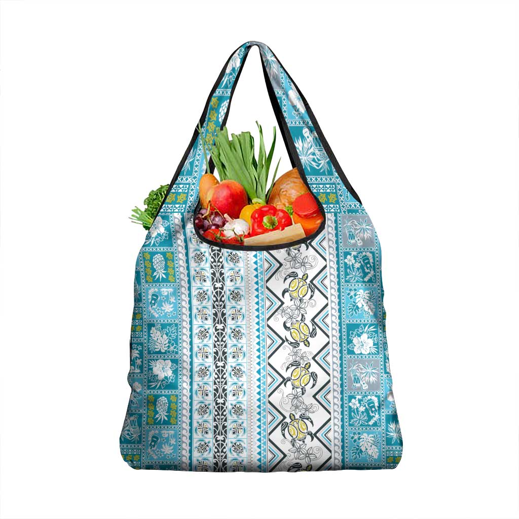 Hawaii Makahiki Turtle Grocery Bag Blue Tapa Pattern - Polynesian Pride