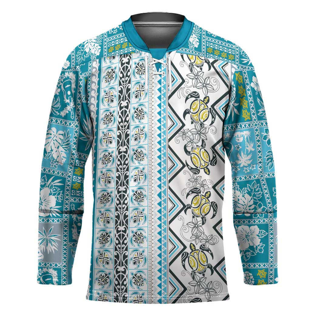 Hawaii Makahiki Turtle Hockey Jersey Blue Tapa Pattern LT05 Unisex Blue - Polynesian Pride