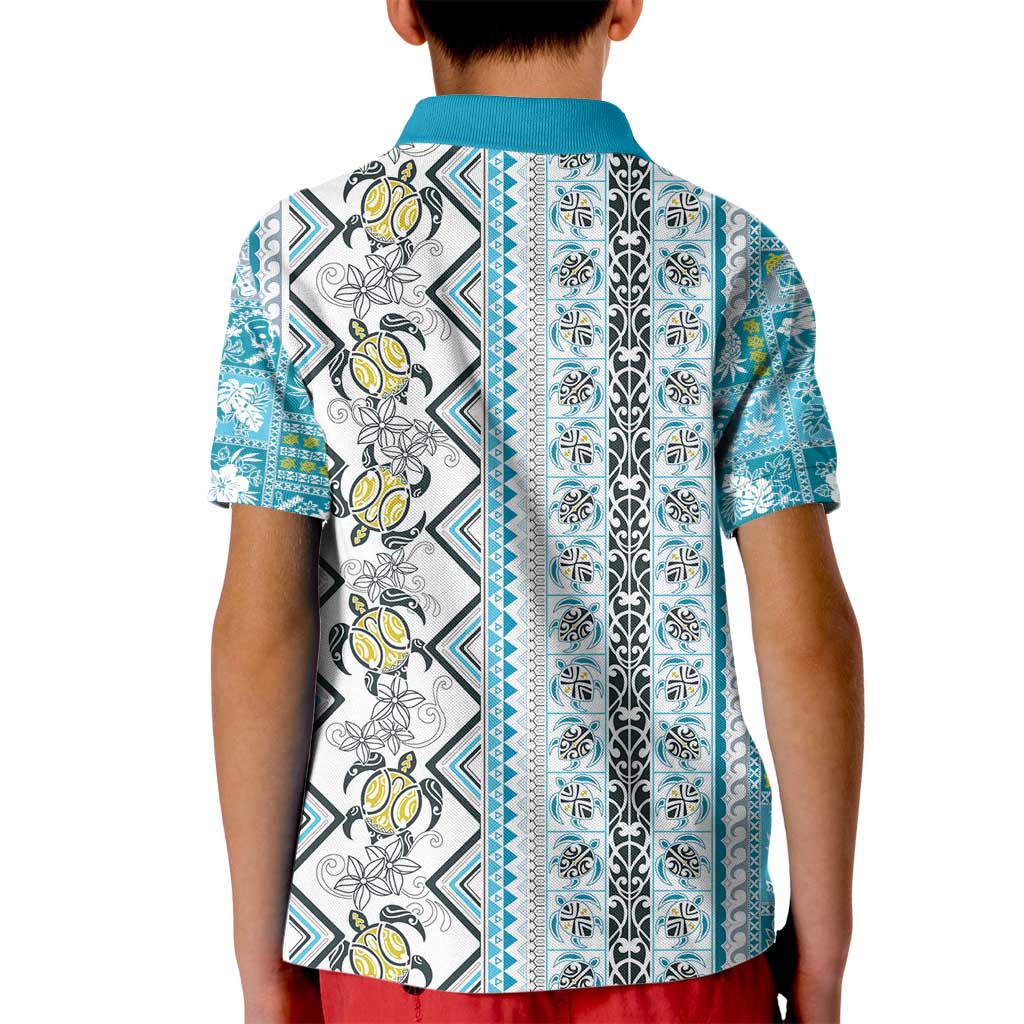 Hawaii Makahiki Turtle Kid Polo Shirt Blue Tapa Pattern - Polynesian Pride