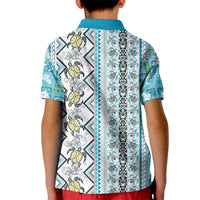 Hawaii Makahiki Turtle Kid Polo Shirt Blue Tapa Pattern - Polynesian Pride