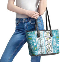 Hawaii Makahiki Turtle Leather Tote Bag Blue Tapa Pattern - Polynesian Pride