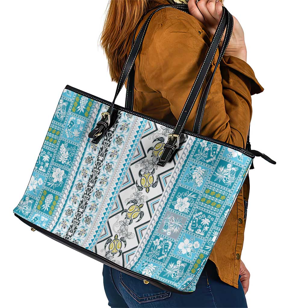 Hawaii Makahiki Turtle Leather Tote Bag Blue Tapa Pattern - Polynesian Pride