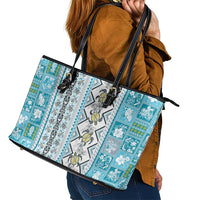 Hawaii Makahiki Turtle Leather Tote Bag Blue Tapa Pattern - Polynesian Pride