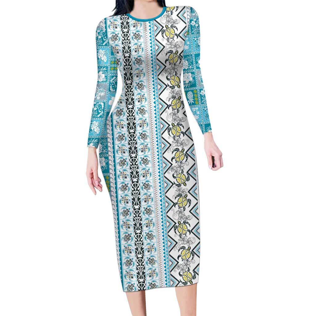 Hawaii Makahiki Turtle Long Sleeve Bodycon Dress Blue Tapa Pattern LT05 Long Dress Blue - Polynesian Pride