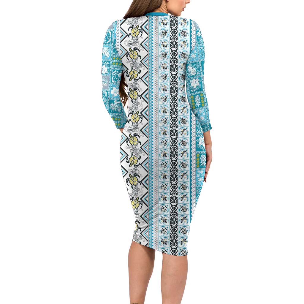 Hawaii Makahiki Turtle Long Sleeve Bodycon Dress Blue Tapa Pattern LT05 - Polynesian Pride