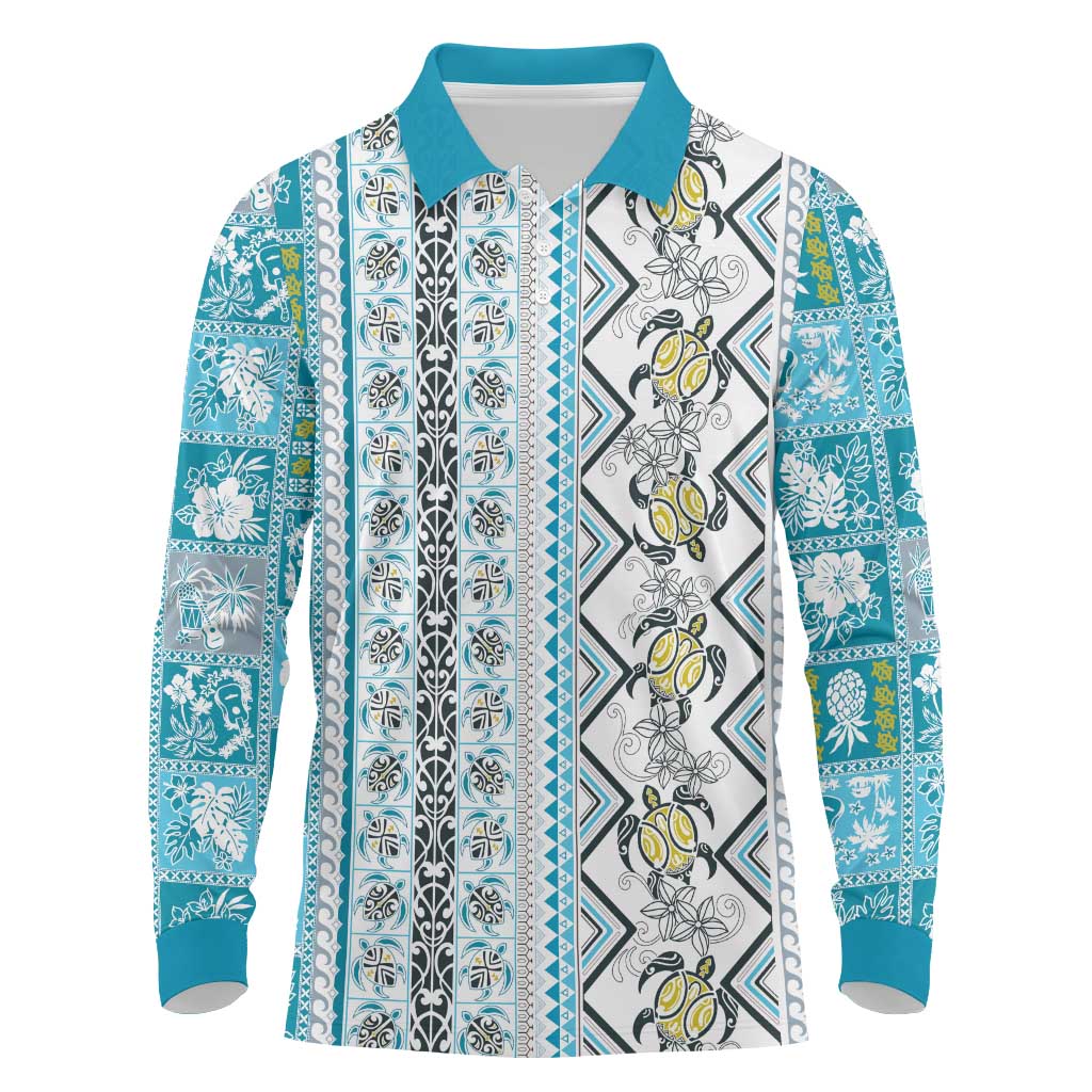 Hawaii Makahiki Turtle Long Sleeve Polo Shirt Blue Tapa Pattern - Polynesian Pride