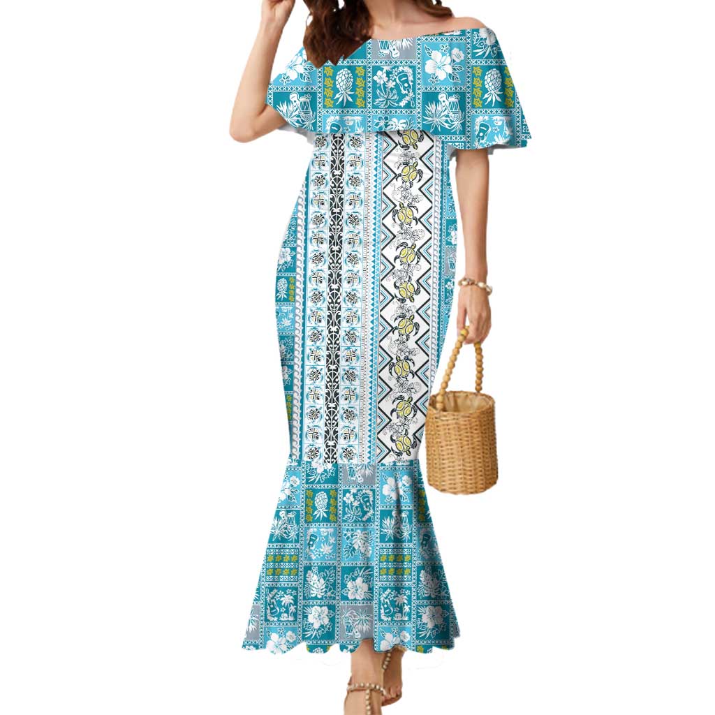 Hawaii Makahiki Turtle Mermaid Dress Blue Tapa Pattern LT05 Women Blue - Polynesian Pride