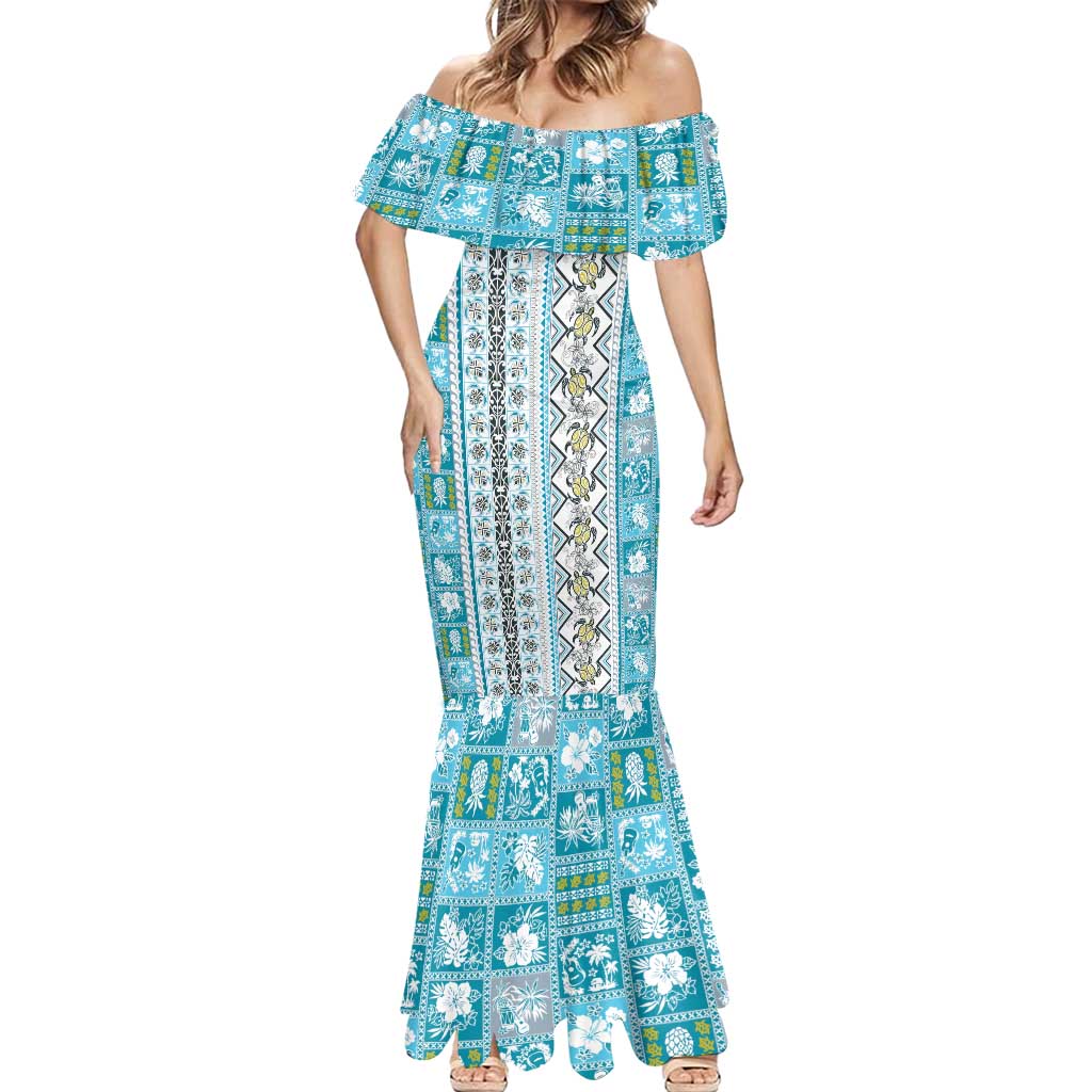 Hawaii Makahiki Turtle Mermaid Dress Blue Tapa Pattern LT05 - Polynesian Pride
