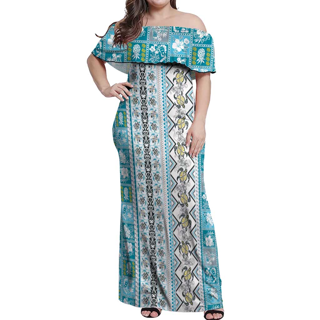 Hawaii Makahiki Turtle Off Shoulder Maxi Dress Blue Tapa Pattern LT05 Women Blue - Polynesian Pride