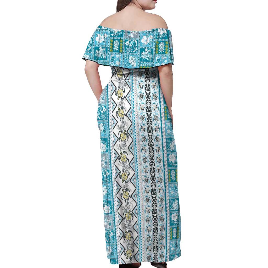 Hawaii Makahiki Turtle Off Shoulder Maxi Dress Blue Tapa Pattern LT05 - Polynesian Pride