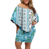 Hawaii Makahiki Turtle Off Shoulder Short Dress Blue Tapa Pattern LT05 Women Blue - Polynesian Pride