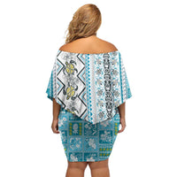 Hawaii Makahiki Turtle Off Shoulder Short Dress Blue Tapa Pattern LT05 - Polynesian Pride