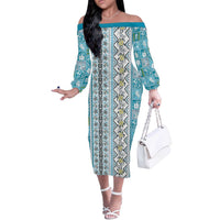 Hawaii Makahiki Turtle Off The Shoulder Long Sleeve Dress Blue Tapa Pattern LT05 Women Blue - Polynesian Pride