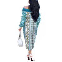 Hawaii Makahiki Turtle Off The Shoulder Long Sleeve Dress Blue Tapa Pattern LT05 - Polynesian Pride
